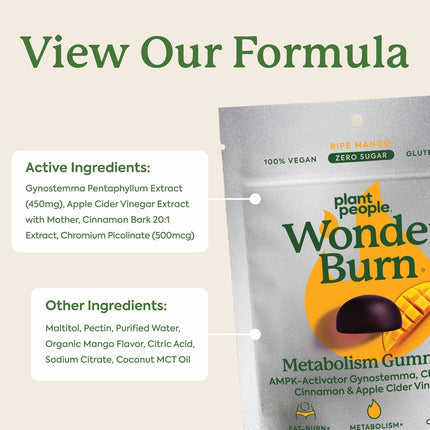 Plant People WonderBurn Metabolism Gummies Zero Sugar Ripe Mango Flavor 60 Count