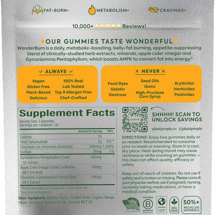Plant People WonderBurn Metabolism Gummies Zero Sugar Ripe Mango Flavor 60 Count