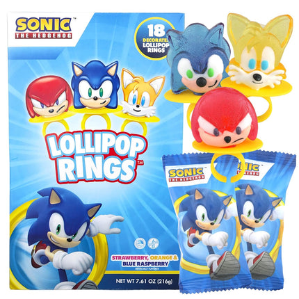 Sonic the Hedgehog Lollipop Rings Strawberry, Orange & Blue Raspberry Flavored Candy 18 Count