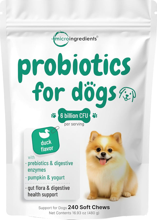 Micro Ingredients Probiotics for Dogs Soft Chews – 6 Billion CFU with Prebiotics, Enzymes & Pumpkin, Duck Flavor, 240 Count