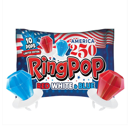 Ring Pop Red White & Blue Cherry & Blue Raspberry Hard Candy Lollipops 10 Count