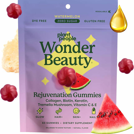 Plant People WonderBeauty Hair Skin & Nails Gummies with Tremella Mushroom, Collagen & Biotin 60 Gummies