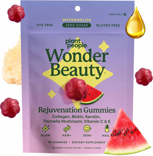 Plant People WonderBeauty Hair Skin & Nails Gummies with Tremella Mushroom, Collagen & Biotin 60 Gummies
