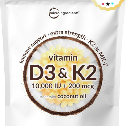 Micro Ingredients Vitamin D3 10,000 IU + K2 MK-7 200 mcg Softgels – 2-in-1 Vitamin D & K Complex with Coconut Oil, 300 Count