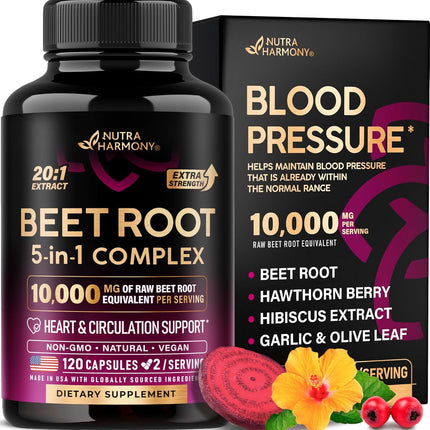 Beet Root 5-in-1 Complex Capsules – Olive Leaf, Hawthorn Berry & Hibiscus, 120 Count