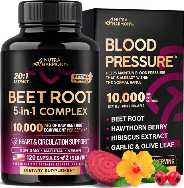 Beet Root 5-in-1 Complex Capsules – Olive Leaf, Hawthorn Berry & Hibiscus, 120 Count