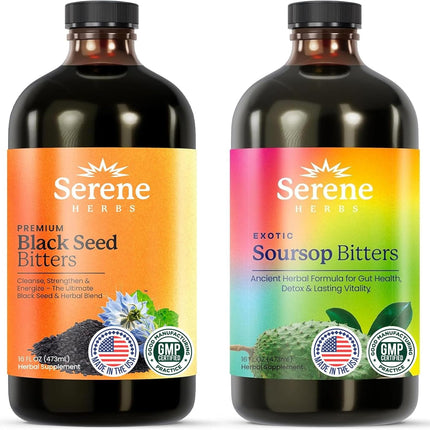 Serene Herbs Soursop Bitters & Black Seed Liquid Herbal Supplement Bundle 2 Pack 32 fl oz