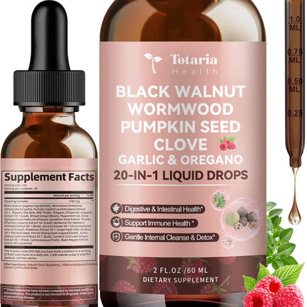 Totaria 20 in 1 Black Walnut Wormwood Tincture - Clove,Pumpkin Seed,Garlic,Oregano,Berberine - Gentle Gut Cleanse & Digestive Health -Raspberry Flavor - 2FL