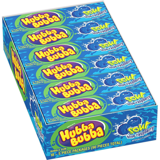 Hubba Bubba Sour Blue Raspberry Bubble Gum 18 Packs 5 Pieces Each