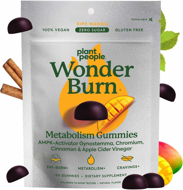 Plant People WonderBurn Metabolism Gummies Zero Sugar Ripe Mango Flavor 60 Count