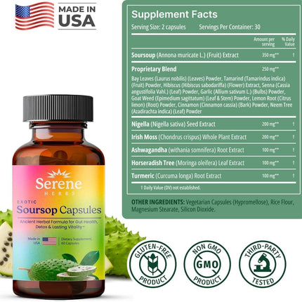 Serene Herbs Organic Graviola Soursop Supplement with Black Seed, Irish Moss & Moringa Vegan Capsules