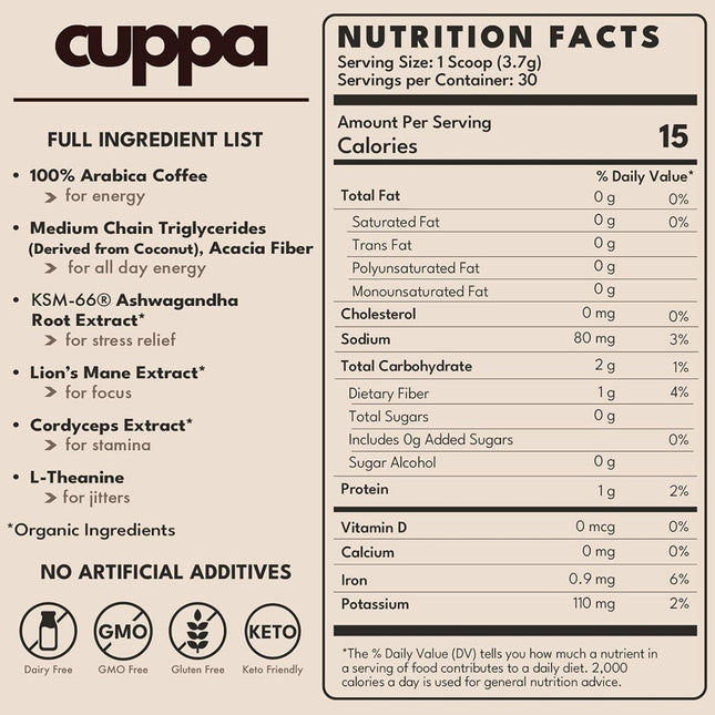 Cuppa Medium Roast Mushroom Coffee with Adaptogens and Superfoods 30 Servings
