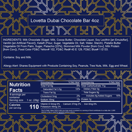 Lovetta Dubai Chocolate Bar Pistachio Knafeh – Luxury Milk Chocolate with Pistachio Cream & Kataifi Filling, 1 Pack