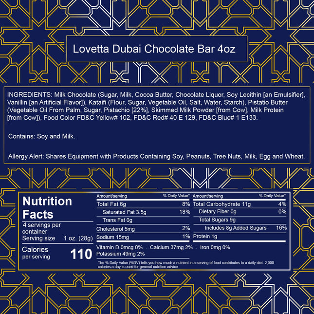 Lovetta Dubai Chocolate Bar Pistachio Knafeh – Luxury Milk Chocolate with Pistachio Cream & Kataifi Filling, 1 Pack