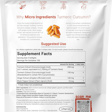 Micro Ingredients Turmeric Curcumin 3,000mg with Black Pepper & Ginger – 95% Curcuminoids, MCT Oil, Non-GMO, 300 Softgels