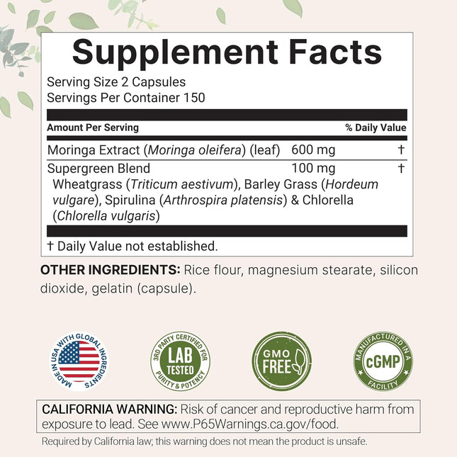 Micro Ingredients Moringa Capsules Supergreens Blend Non-GMO 300 Count