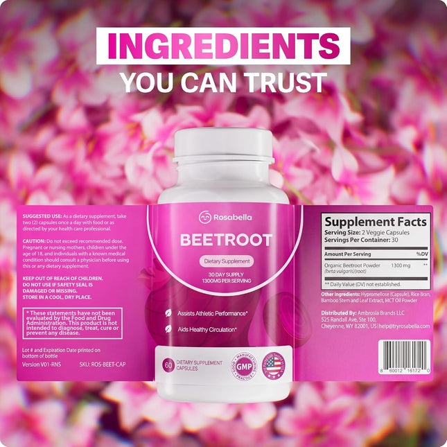 Rosabella Organic Beet Root Supplement 1300 mg 180 Capsules