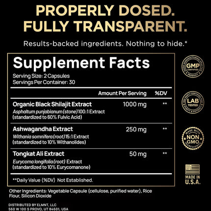 Black Shilajit Capsules with Ashwagandha Tongkat Ali Fulvic Acid 103800 mg 60% Fulvic Acid