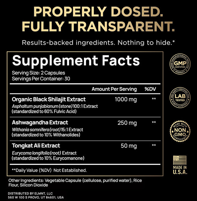 Black Shilajit Capsules with Ashwagandha Tongkat Ali Fulvic Acid 103800 mg 60% Fulvic Acid