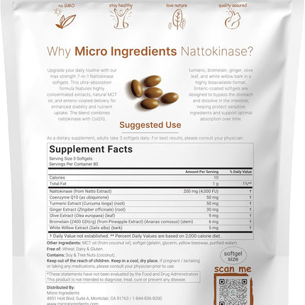 Micro Ingredients Nattokinase – 7-in-1 Cardiovascular Support, 240 Softgels