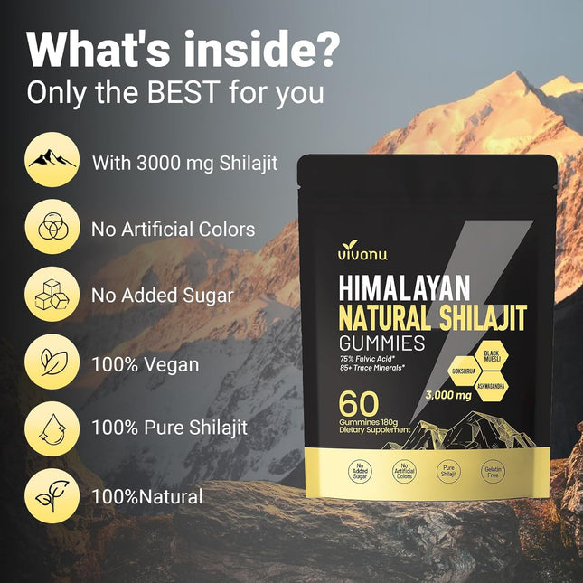 VIVONU Shilajit Gummies with Ashwagandha Gokshura Fulvic Acid 3000 mg Pack