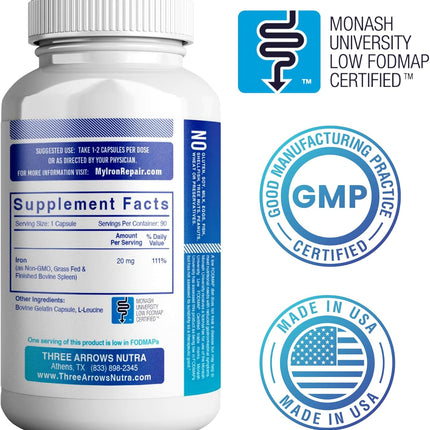 Iron Repair Simply Natural Iron Supplement Low FODMAP Capsules 90 Count