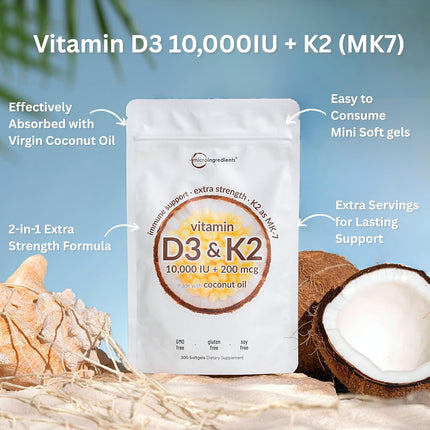 Micro Ingredients Vitamin D3 10,000 IU + K2 MK-7 200 mcg with Virgin Coconut Oil – Extra Strength D & K Complex, Non-GMO, Gluten Free, 300 Softgels