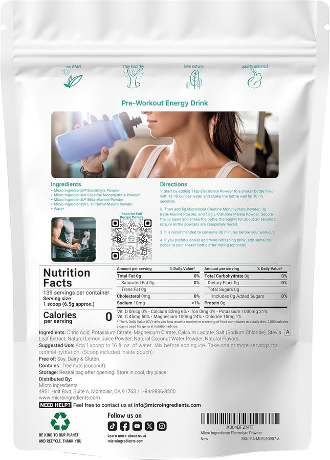 Micro Ingredients Electrolyte Powder Lemon Raspberry High Potassium 2 lbs
