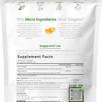 Micro Ingredients Oil of Oregano Softgels with Black Seed Oil – 4X Strength Carvacrol & Thymoquinone, Plant Based, Non-GMO, 300 Softgels