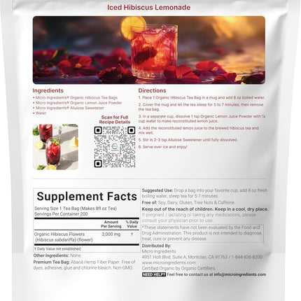 Organic Hibiscus Tea Bags 200 Count Caffeine Free Non-GMO Herbal Tea