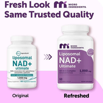 Micro Ingredients Liposomal NAD+ Complex 1000 mg Resveratrol Glutathione Astaxanthin Veggie Capsules 60 Count