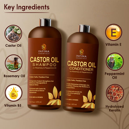 Castor Oil Shampoo and Conditioner Set with Rosemary and Peppermint 16 fl oz