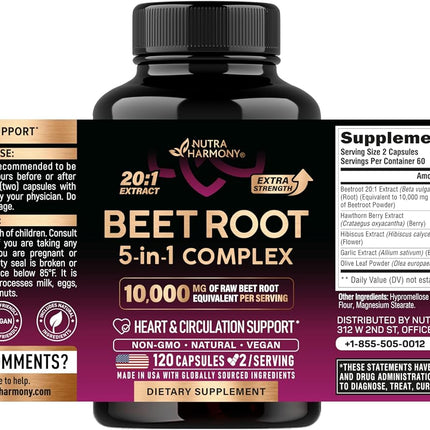 Beet Root 5-in-1 Complex Capsules – Olive Leaf, Hawthorn Berry & Hibiscus, 120 Count