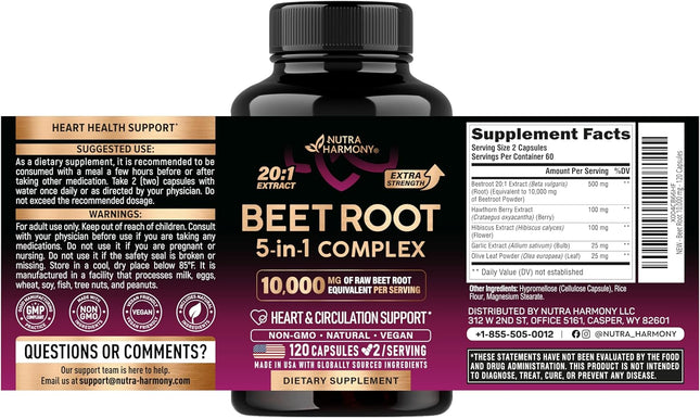 Beet Root 5-in-1 Complex Capsules – Olive Leaf, Hawthorn Berry & Hibiscus, 120 Count