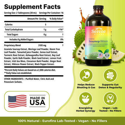 Serene Herbs Soursop Bitters Liquid with Black Seed & Moringa 16 fl oz