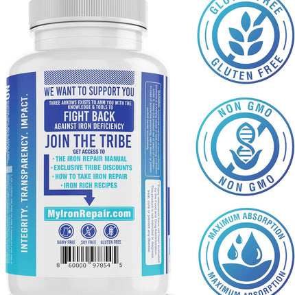 Iron Repair Simply Natural Iron Supplement Low FODMAP Capsules 90 Count