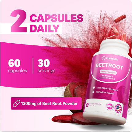 Rosabella Organic Beet Root Supplement 1300 mg 180 Capsules