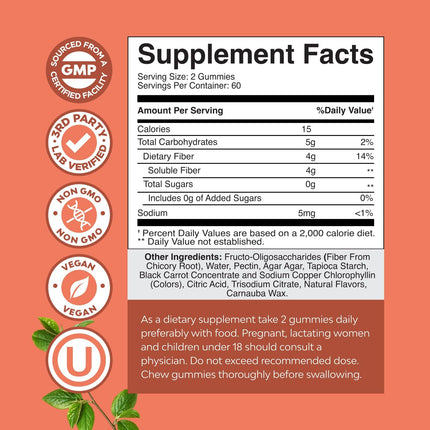 Fiber Gummies Chicory Root Prebiotic Sugar Free Vegan 120 Count