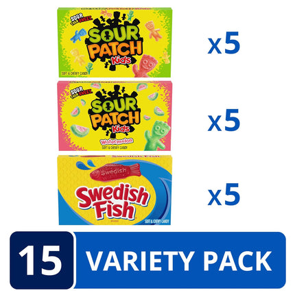 SOUR PATCH KIDS & SWEDISH FISH Soft & Chewy Candy Variety Pack 15 Boxes