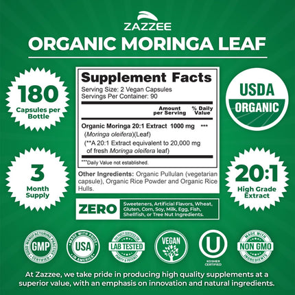 Zazzee Organic Moringa 20:1 Extract (180 Capsules)
