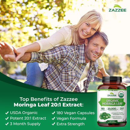 Zazzee Organic Moringa 20:1 Extract (180 Capsules)
