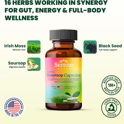 Serene Herbs Organic Graviola Soursop Supplement with Black Seed, Irish Moss & Moringa Vegan Capsules