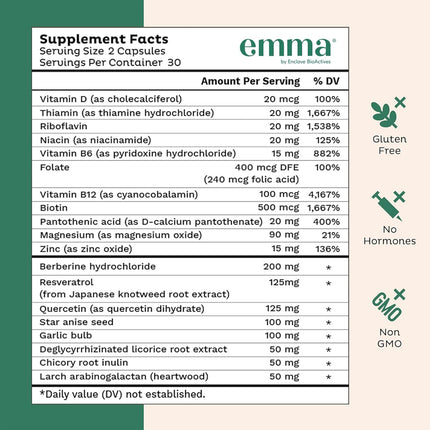 Emma Gut Health Supplement Berberine Resveratrol Quercetin Capsules 60 Count