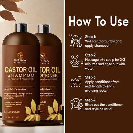 Castor Oil Shampoo and Conditioner Set with Rosemary and Peppermint 16 fl oz