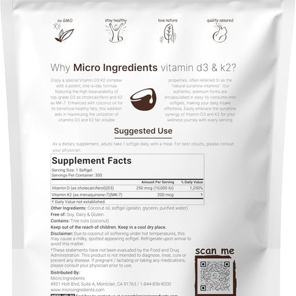 Micro Ingredients Vitamin D3 10,000 IU + K2 MK-7 200 mcg with Virgin Coconut Oil – Extra Strength D & K Complex, Non-GMO, Gluten Free, 300 Softgels
