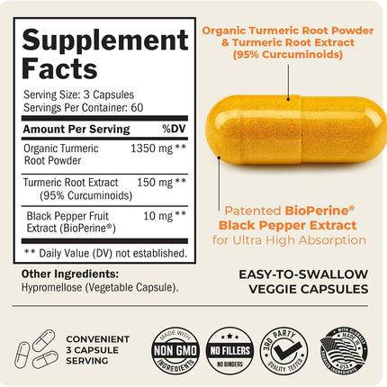 Turmeric Curcumin Supplement with Black Pepper Extract 1500 mg 180 Capsules