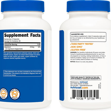 Nutricost Magnesium Glycinate Capsules 210 mg per Serving 180 Count