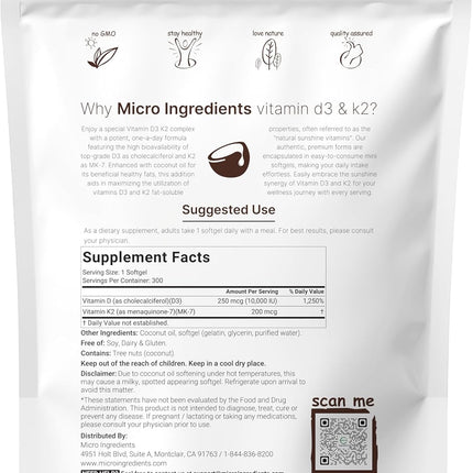 Micro Ingredients Vitamin D3 10,000 IU + K2 MK-7 200 mcg Softgels – 2-in-1 Vitamin D & K Complex with Coconut Oil, 300 Count
