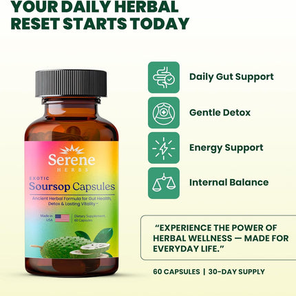 Serene Herbs Organic Graviola Soursop Supplement with Black Seed, Irish Moss & Moringa Vegan Capsules