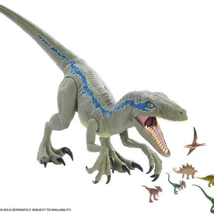 Mattel Jurassic World Super Colossal Velociraptor Blue Figure – 3.5 ft Dinosaur Toy with Eating Feature